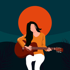 Vector illustration of a girl with a guitar at sunset