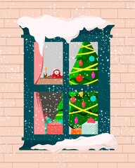 Vector illustration of a view from the window of a Christmas tree and Christmas