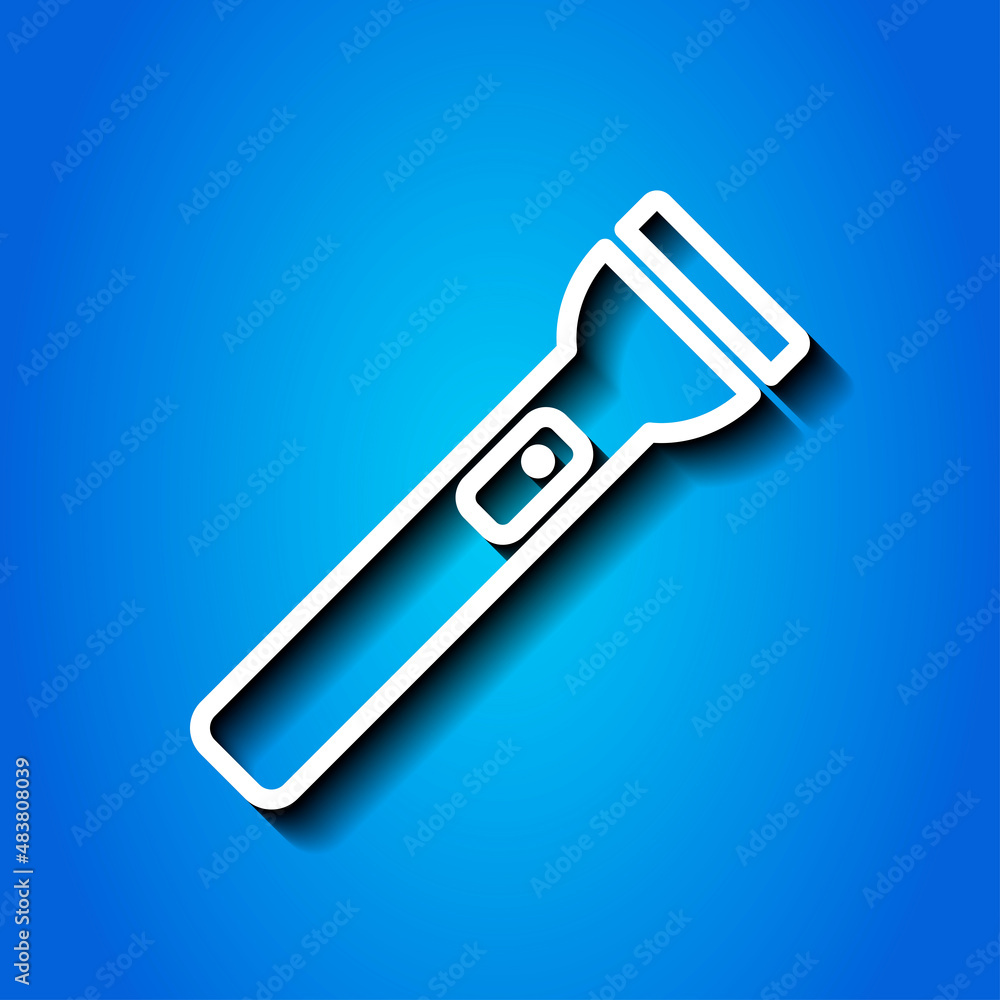 Poster flashlight simple icon vector. flat desing. white icon with shadow on blue background.ai