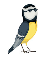 Tit bird in standing position. Titmouse in cartoon flat style beautiful character. Vector illustration isolated on white background