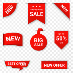 Set of new stickers, sale tags and labels. Shopping stickers and badges for merchandising and promotion. Special offer, new collection, discount. Red stickers and tags for web banners. Vector