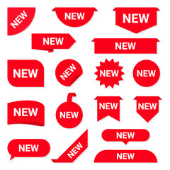 Set of new stickers, sale tags and labels. Shopping stickers and badges for merchandising and promotion. Special offer, new collection, discount. Red stickers and tags for web banners. Vector