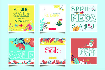 Fototapeta na wymiar spring discounts, big discounts, instagram posters, collection of discount templates, spring flowers, bright spring templates, birds, spring, shop now