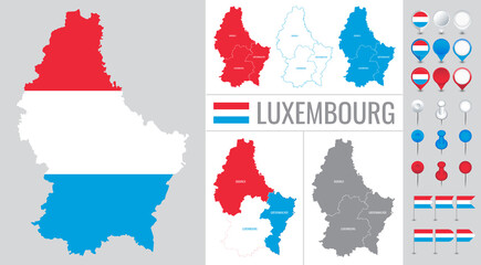 luxembourg vector map with flag, globe and icons on white background - obrazy, fototapety, plakaty