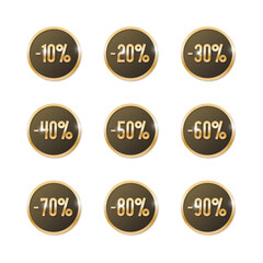 Vector set of labels with percent sale discount. Nine numbers in a circle with a golden glitter on a black. Offer discount stickers for advertizing, web banners, products, certificates and cards