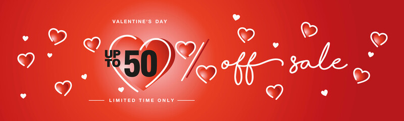 50 % off Valentine's Day Sale handwritten typography lettering line design with many sweet white red hearts Promotion shopping template