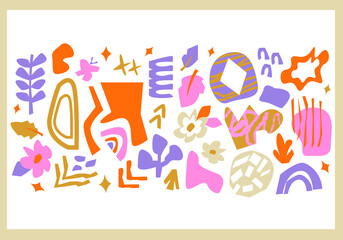 Abstract set with cartoon flowers, plants, butterfly. Decorative illustration with vector doodles. Hand-drawn shapes 