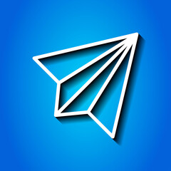 Paper airplane simple icon vector. Flat desing. White icon with shadow on blue background.ai