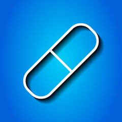 Pill simple icon vector. Flat desing. White icon with shadow on blue background.ai