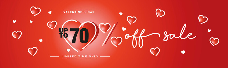 70 % off Valentine's Day Sale handwritten typography lettering line design with many sweet white red hearts Promotion shopping template