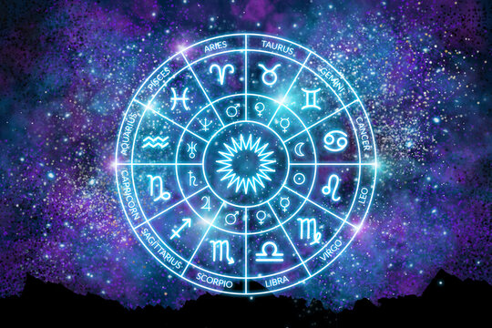 Zodiac circle on the background of the dark cosmos. Astrology. The science of stars and planets. Esoteric knowledge. Ruler planets. Twelve signs of the zodiac