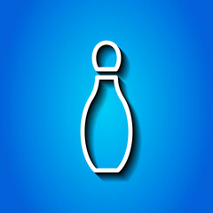 Bowling skittle simple icon. Flat desing. White icon with shadow on blue background.ai