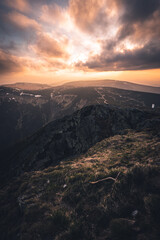 Naklejka na ściany i meble Sunset from the highest Czech mountain Snezka