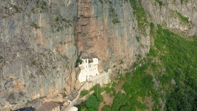 Aerial view on Ostrog monastery in rocky montain is the most popular pilgrimage place in Montenegro