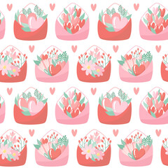 Hand-drawn seamless pattern with flowers and hearts. Creative stylish background for Valentine Day. Colorful floral illustration for paper and gift wrap. Fabric print modern design.
