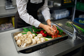 Close-up of cook washing vegetables in sink in commercial kitchen.