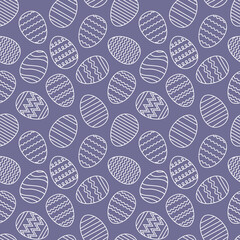 Easter seamless pattern of white eggs on purple background. Painted eggs with stripes, waves, zigzags. Spring holiday background. Vector Illustration