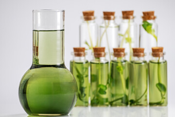 Microgreens. Test tubes with micro greens and reagent. Growing fresh plants culture in laboratory. Selection of sprouts for research. Super food production. Chlorophyll extract is poured in pure water