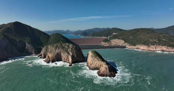 Drone fly over high island reservoir