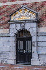 Architectural fragments of famous Rijksmuseum building (1885) in Amsterdam. Amsterdam Rijksmuseum holds many masterpiece paintings of Dutch and world art. Amsterdam, The Netherlands.