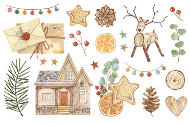 Watercolor Christmas set with house, Scandinavian deer, ginger cookies, conifer leaves. Hand drawn isolated elements on white background. For New year cards, greeting cards, graphic, poster, stickers.