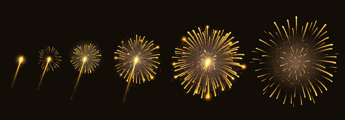 Fireworks bursting in various shapes. Firework explosion in night. Firecracker rockets bursting in big sparkling star balls