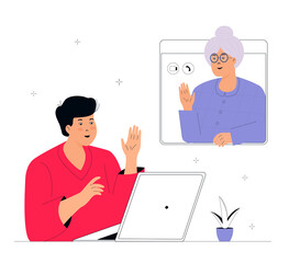 Young son and old mom talking by video call using laptop. Grandson has a conversation with grandmother. Family relationship. Quarantine and self-isolation.