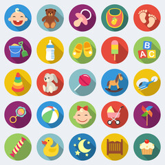 Set of baby icons in flat design with long shadows