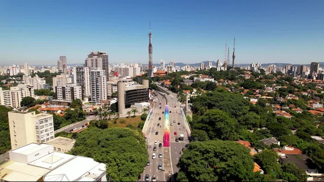Colorful Sumare viaduct at downtown Sao Paulo Brazil. Stunning landscape of tourism landmark avenue of city. Urban aerials.