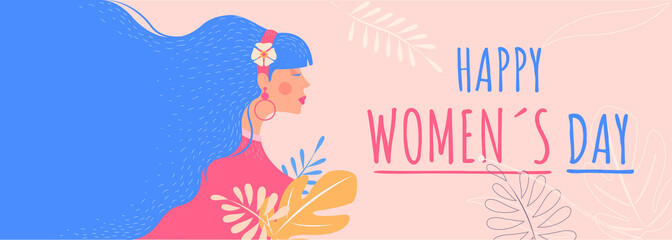 Celebration International Women's Day. Woman with long hair around flowers.