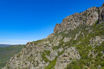 The Valley of Ghosts. Demerji. Green trees and bushes in the foreground. May 2021. Crimea.