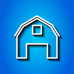 Barn simple icon. Flat desing. White icon with shadow on blue background.ai