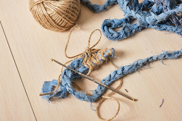 the process of making decor from denim yarn, reasonable consumption, second life to old things...