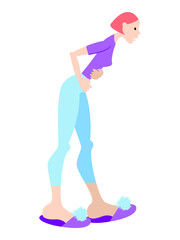 Vector graphics - a young woman stands bent over and holds her hands to her stomach isolated. Concept - pain during menstruation
