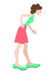 Vector graphics - a young beautiful woman stands bent over and holds her hand behind her back. Concert - symptoms of rheumatism and lower back pain