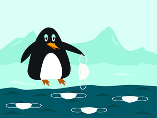 Vector graphics - a sad black-and-white penguin on the Arctic coast caught a floating medical mask from the sea in close-up. Concept - environmental pollution and ecological disaster