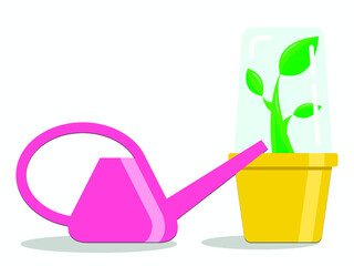Obraz na płótnie Canvas Vector graphics - a green young sprout with leaves in a yellow flower pot in a greenhouse and a pink watering can isolated close-up. Concept gardening