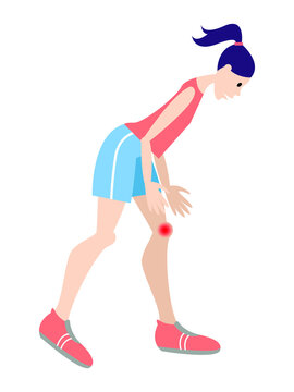 Vector graphics - a young woman in sports shorts and sneakers bent over a sore knee with an injury. Concept - providing medical care for pain