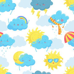 Weather forecast seamless pattern. Cloud, sun, rain, snow background, print, fabric, wallpaper design vector illustration