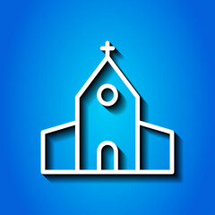 Church simple icon. Flat desing. White icon with shadow on blue background.ai