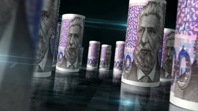 Croatia Kuna rolls loop 3d animation. Money on the table. Seamless and loopable abstract concept of economy, finance, business and recession. Camera between HRK rolled banknotes.