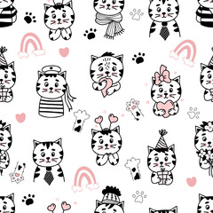 Cute seamless feline pattern. Funny beautiful cartoon icons of cats characters on white background with rainbow and hearts. Vector illustration in hand drawn linear doodle style For design and decor 