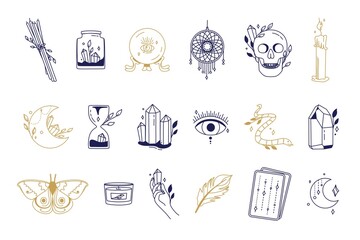Magical symbols set of doodles esoteric boho mystical hand-drawn elements stone crystals. In gold and blue. Magical vector elements