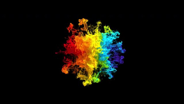 Color burst - colorful vivid smoke powder circle particle explosion with shockwave. Iridescent multicolored rainbow particles in slow motion. Fluid ink alpha matte isolated on black 4k