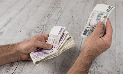 Czech banknotes in a fan in the hands of a trader. business, finance, investment, saving and cash concept - close up of euro paper money and coins on table