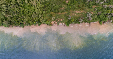 bank of a freshwater river with lush vegetation aerial view. © yelantsevv