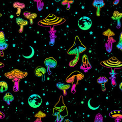 Seamless illustration with bright psychedelic mushrooms and moons