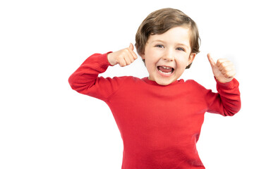 Happy boy on white background thumbs up hand sign