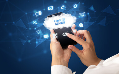 Hand using smartphone with cloud technology concept