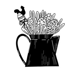 Watering can with flowers and decor for Easter. Festive decor in black and white line vector.